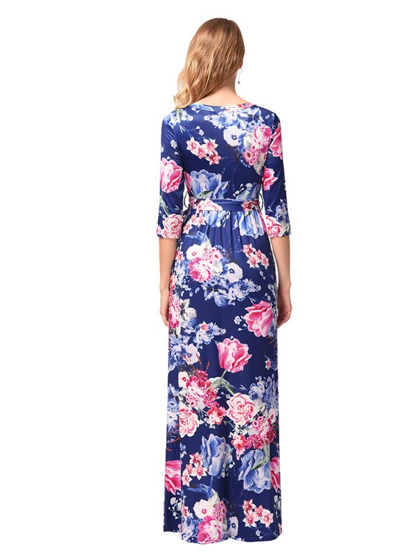 SZ60136-3 Floral Print Long Dress Short Sleeve Empire Flower Maxi Dresses